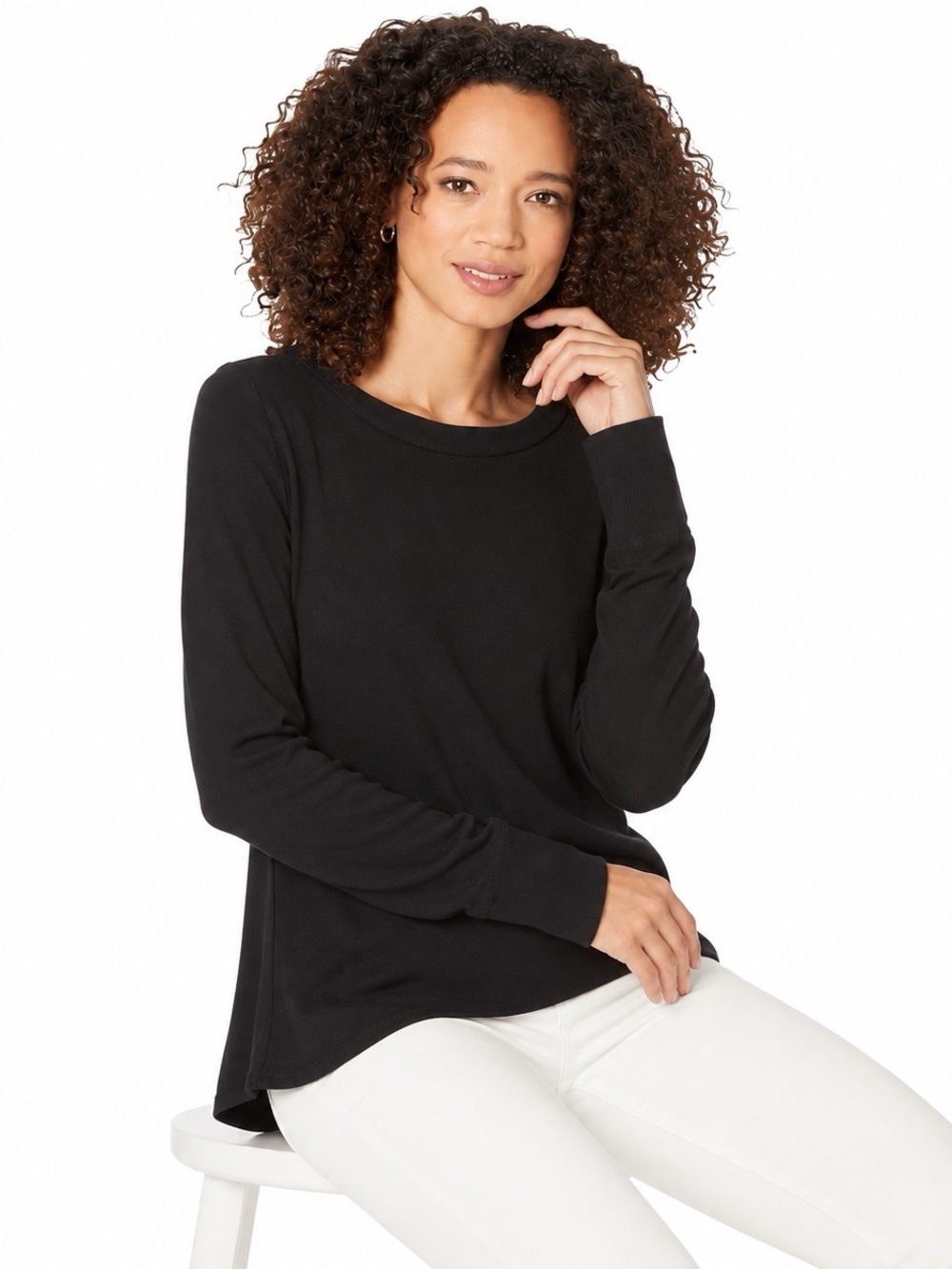 Natori NWT Mirage Long Sleeve Scoop Neck Stretch Top Black Women Size S